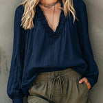 Casual Ruffled V-Neck Puff Sleeve Textured Blouse