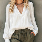 Casual Ruffled V-Neck Puff Sleeve Textured Blouse