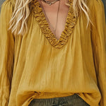 Casual Ruffled V-Neck Puff Sleeve Textured Blouse
