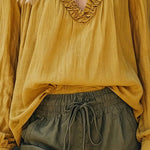 Casual Ruffled V-Neck Puff Sleeve Textured Blouse