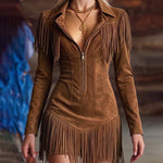 Retro Western Style Fringed Faux Suede Dress