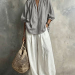 Ruched Collar Blouse And Wide Leg Pants Set
