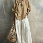 Ruched Collar Blouse And Wide Leg Pants Set