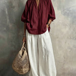 Ruched Collar Blouse And Wide Leg Pants Set