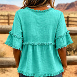 Casual Cotton Blend Fringe Trim Raw Edge Blouse