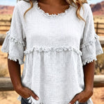 Casual Cotton Blend Fringe Trim Raw Edge Blouse
