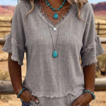 Casual Fringe Trim Raw Edge V-Neck Blouse