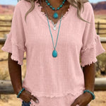 Casual Fringe Trim Raw Edge V-Neck Blouse