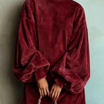 Mock Neck Lantern Sleeve Corduroy Sweatshirt Dress