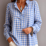 Casual Ruffle Trim Gingham Henley Blouse