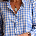Casual Ruffle Trim Gingham Henley Blouse