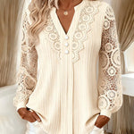 Lace Trim Pleated Notch Neck Blouse