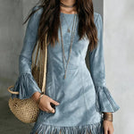 Faux Suede Fringe Mini Dress with Flare Sleeves
