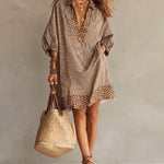 Leopard Trim Deep V Neck Loose Striped Mini Dress