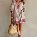 Leopard Trim Deep V Neck Loose Striped Mini Dress