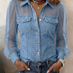 Denim Shirt with Sheer Mesh Puff Sleeves