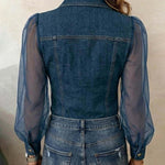Denim Shirt with Sheer Mesh Puff Sleeves