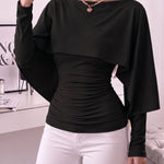 Slim Ruched Cape Sleeve Boat Neck Top