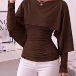 Slim Ruched Cape Sleeve Boat Neck Top
