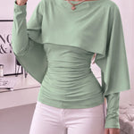 Slim Ruched Cape Sleeve Boat Neck Top