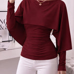Slim Ruched Cape Sleeve Boat Neck Top