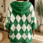 Hooded Argyle Batwing Sleeve Chunky Knit Sweater