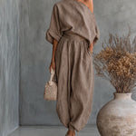 Elegant Leopard Print One-Shoulder Top and Harem Pants Set