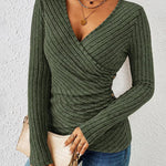 Chic Deep V-neck Crossover Long Sleeve Pit Stripe Blouse
