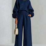 Floral Cuff Blouse And Wide Leg Pants Set