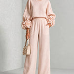 Floral Cuff Blouse And Wide Leg Pants Set