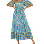 Zeagoo Women's V Neck Bohemian Dress Floral Printed Maxi Dress Short Sleeve Beach Party Dress