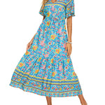 Zeagoo Women's V Neck Bohemian Dress Floral Printed Maxi Dress Short Sleeve Beach Party Dress
