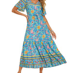 Zeagoo Women's V Neck Bohemian Dress Floral Printed Maxi Dress Short Sleeve Beach Party Dress