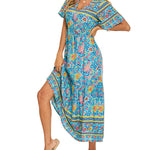 Zeagoo Women's V Neck Bohemian Dress Floral Printed Maxi Dress Short Sleeve Beach Party Dress