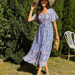 Zeagoo Women's V Neck Bohemian Dress Floral Printed Maxi Dress Short Sleeve Beach Party Dress