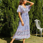 Zeagoo Women's V Neck Bohemian Dress Floral Printed Maxi Dress Short Sleeve Beach Party Dress