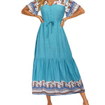 Zeagoo Women's V Neck Bohemian Dress Floral Printed Maxi Dress Short Sleeve Beach Party Dress