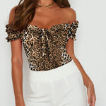 Off Shoulder Puff Sleeve Ruffle Trim Tops Bodysuits - Zeagoo (Us Only)