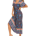 Zeagoo Women's V Neck Bohemian Dress Floral Printed Maxi Dress Short Sleeve Beach Party Dress