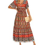 Zeagoo Women's V Neck Bohemian Dress Floral Printed Maxi Dress Short Sleeve Beach Party Dress