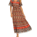 Zeagoo Women's V Neck Bohemian Dress Floral Printed Maxi Dress Short Sleeve Beach Party Dress