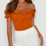 Off Shoulder Puff Sleeve Ruffle Trim Tops Bodysuits - Zeagoo (Us Only)