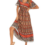 Zeagoo Women's V Neck Bohemian Dress Floral Printed Maxi Dress Short Sleeve Beach Party Dress