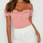 Off Shoulder Puff Sleeve Ruffle Trim Tops Bodysuits - Zeagoo (Us Only)