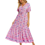 Zeagoo Women's V Neck Bohemian Dress Floral Printed Maxi Dress Short Sleeve Beach Party Dress