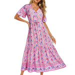 Zeagoo Women's V Neck Bohemian Dress Floral Printed Maxi Dress Short Sleeve Beach Party Dress