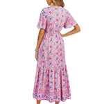 Zeagoo Women's V Neck Bohemian Dress Floral Printed Maxi Dress Short Sleeve Beach Party Dress