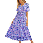Zeagoo Women's V Neck Bohemian Dress Floral Printed Maxi Dress Short Sleeve Beach Party Dress