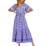 Zeagoo Women's V Neck Bohemian Dress Floral Printed Maxi Dress Short Sleeve Beach Party Dress