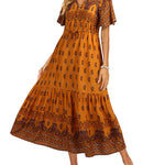 Zeagoo Women's V Neck Bohemian Dress Floral Printed Maxi Dress Short Sleeve Beach Party Dress
